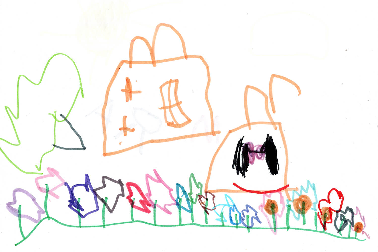 Maya’s original drawing of houses, a tree, and colorful flowers