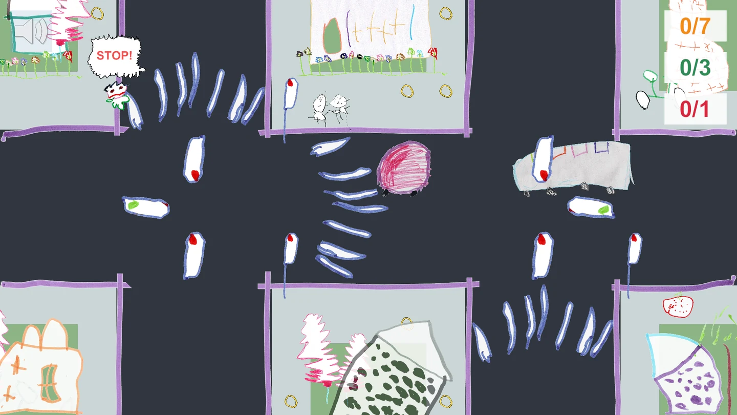 An overhead view of the road level with hand-drawn streets and traffic